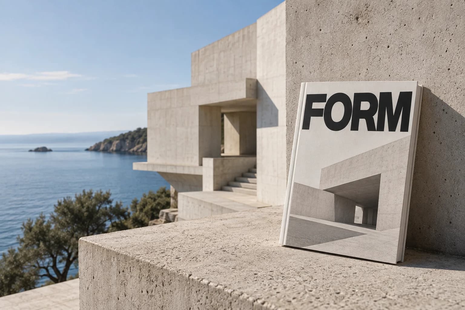 FORM architectuurconcept met een wit betonnen gebouw aan zee en een typografisch boek.