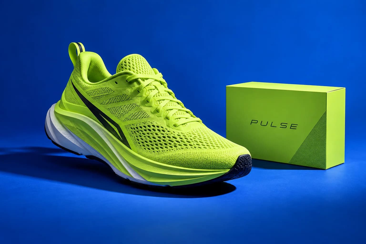 Fictieve PULSE campagne met lime hardloopschoen en verpakking op een kobaltblauwe achtergrond.